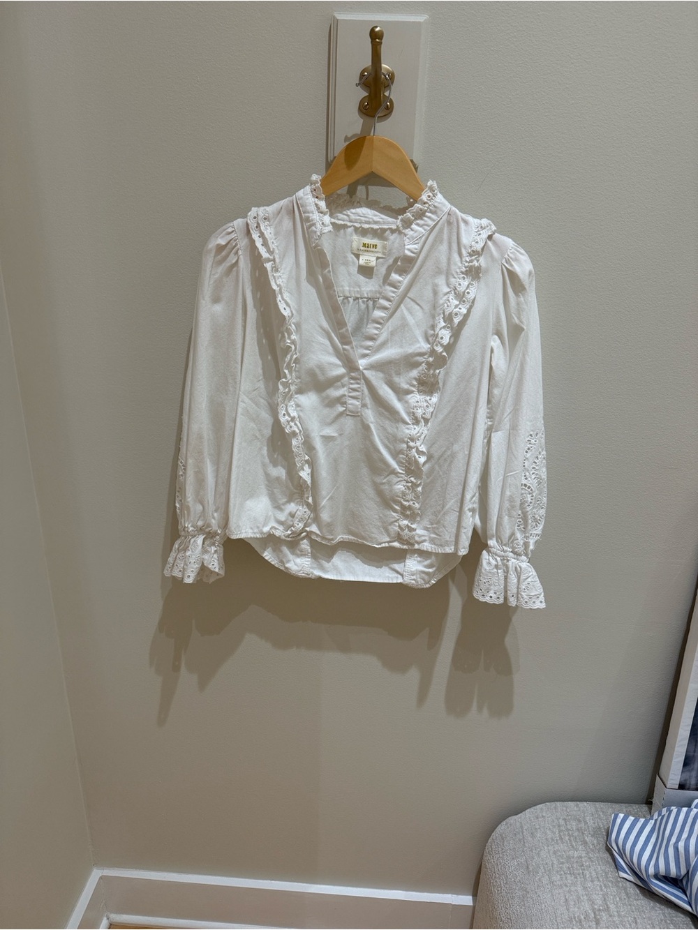Maeve White Eyelet V-Neck Ruffle Blouse